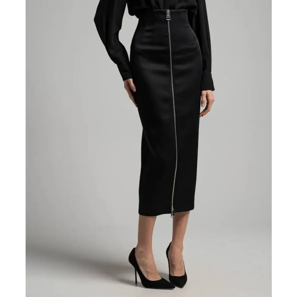 Khaite Ruddy Pencil Zip Front Midi Skirt in Black 2